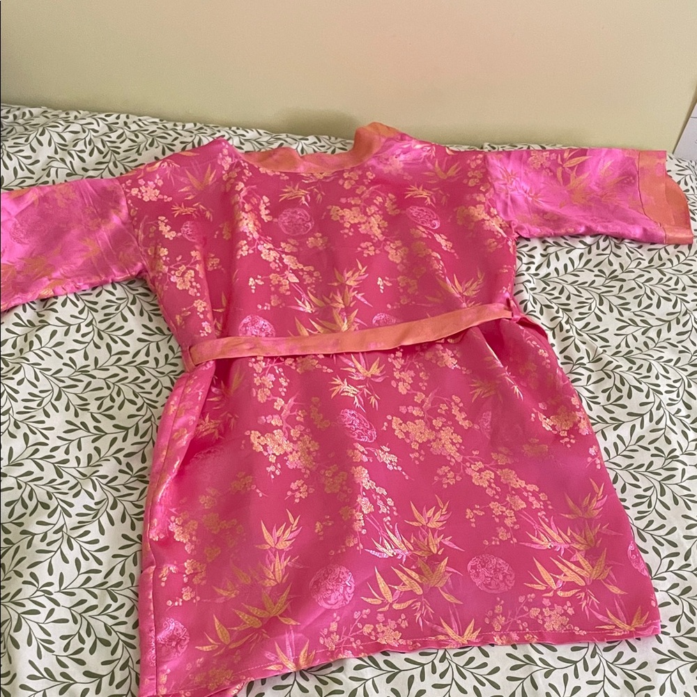 Pink Satin Kimono Robe Traditional with Gold Bamboo & Floral Print - Picture 8 of 11